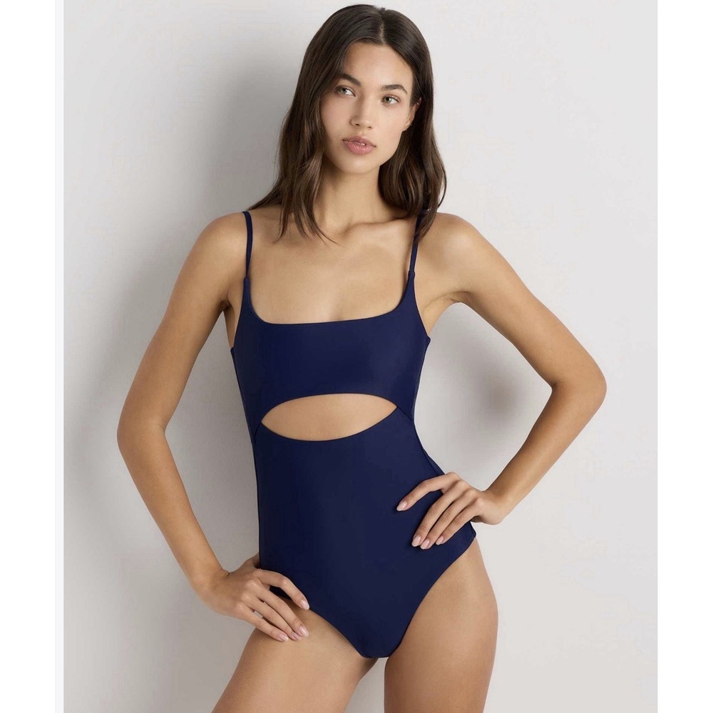 Quince Italian Cut-Out One-Piece Swimsuit Deep Navy Blue Women's Large NEW